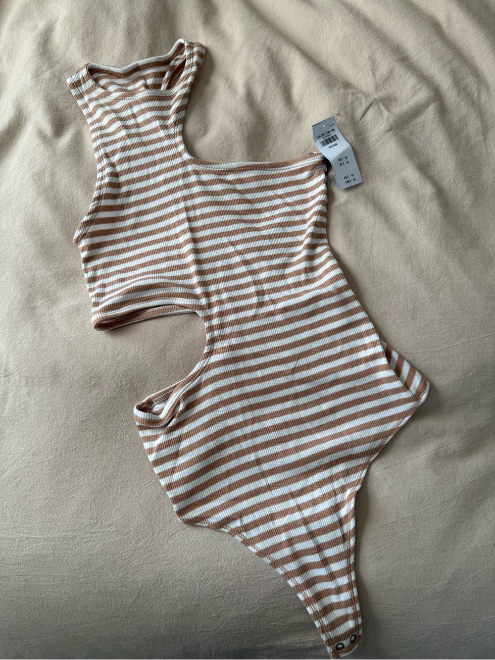 Abercrombie & Fitch Striped One-Shoulder Cutout Bodysuit in Cream & Brown